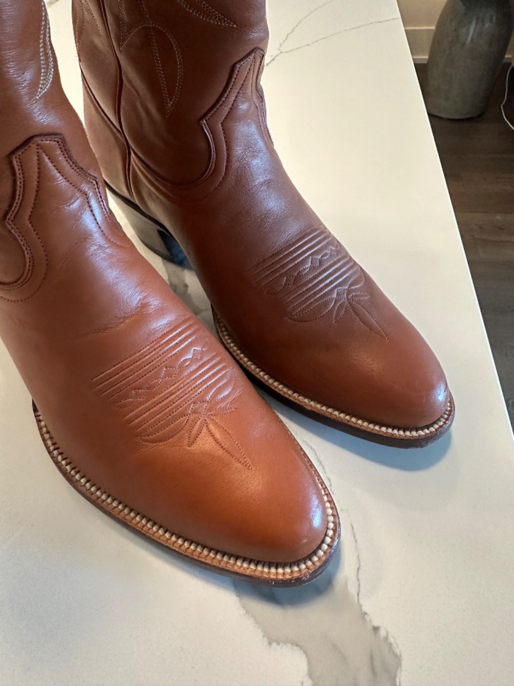 Handmade Calfskin Brown Tall Cowboy Boots - Picture 6 of 8